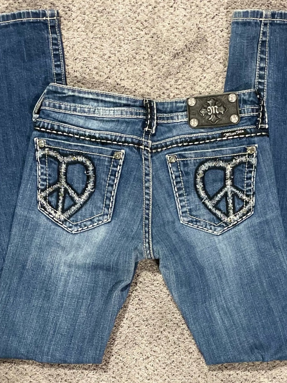 Vintage Y2K Miss Me Peace Sign Jeans Bootcut Low Rise Bling 2000s Size 28